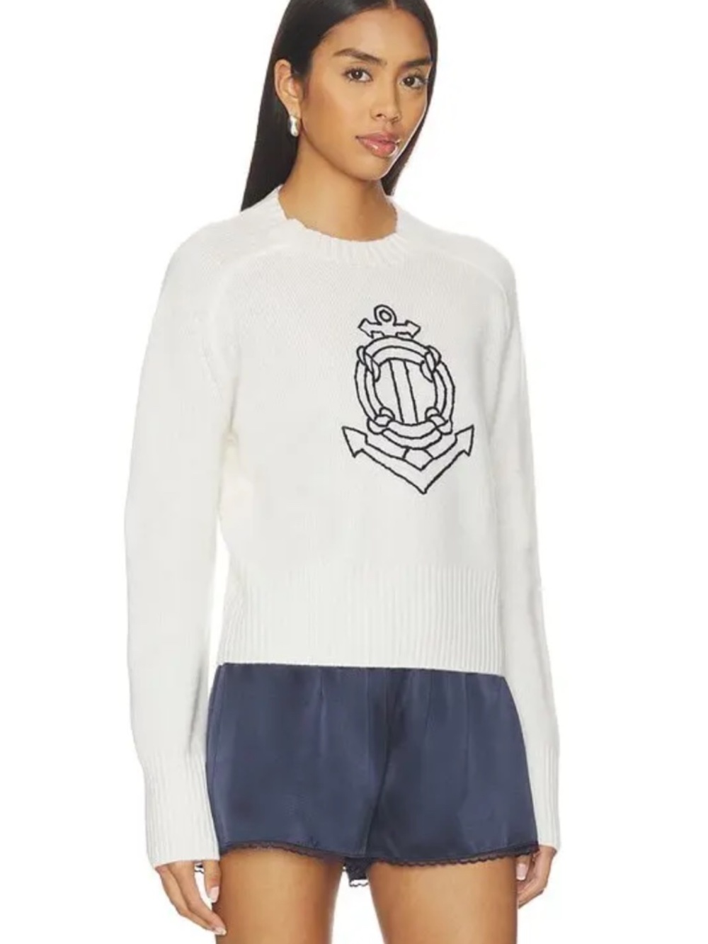 WHITE + WARREN  CASHMERE NAUTICAL EMBROIDERED SWEATER